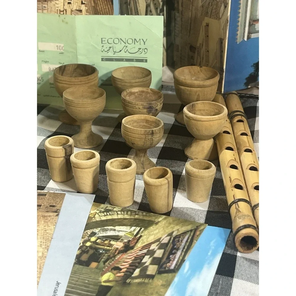 ISRAEL LOT‎ ~ RARE DOUBLE BAMBOO CLARINET, 7 HAND CARVED MINI GOBLETS + (2555)